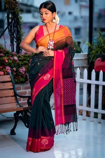 green hand woven cotton bengal handloom all seasons sarees