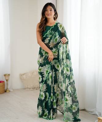 green georgette printed style saree 1