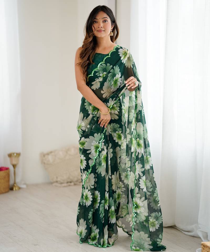 green color georgette fabric designer printed bollywood style saree