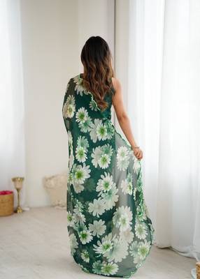 green georgette printed style saree 3