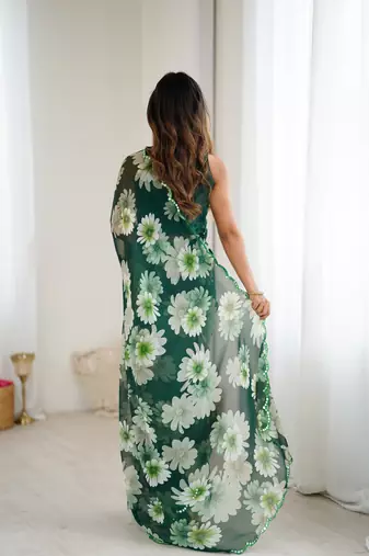 green georgette printed style saree