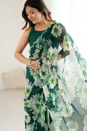 green georgette printed style saree