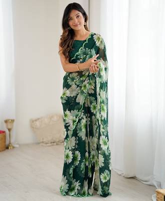 green georgette printed style saree 6
