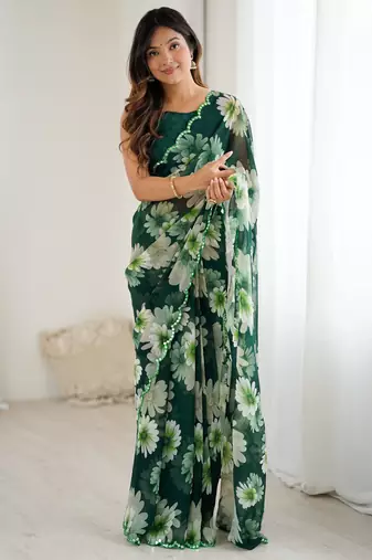 green georgette printed style saree