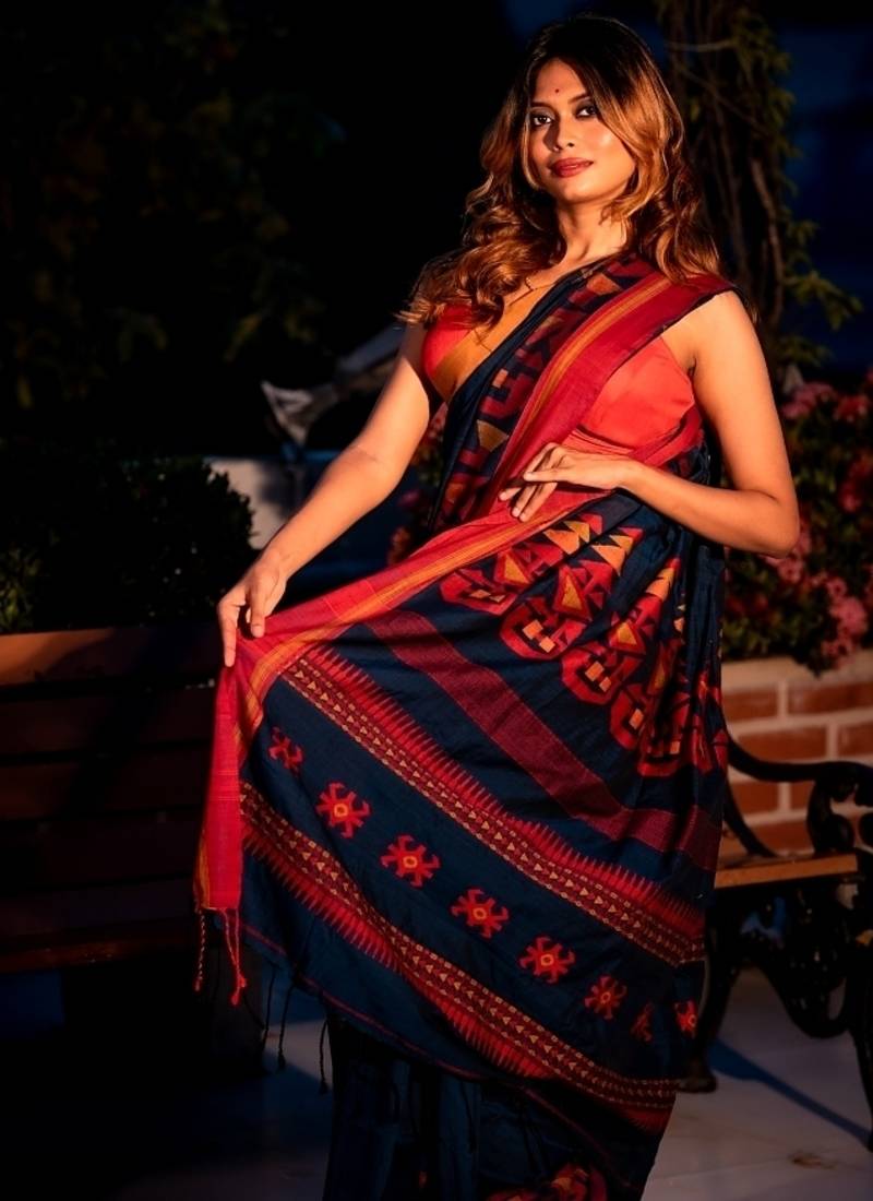 blue hand woven cotton bengal handloom all seasons sarees