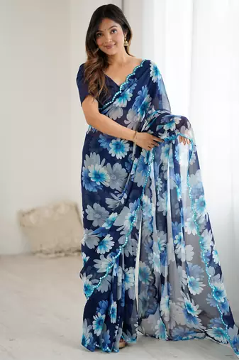 blue color georgette fabric designer printed bollywood style saree