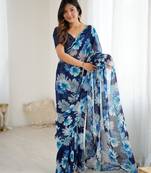 blue color georgette fabric designer printed bollywood style saree