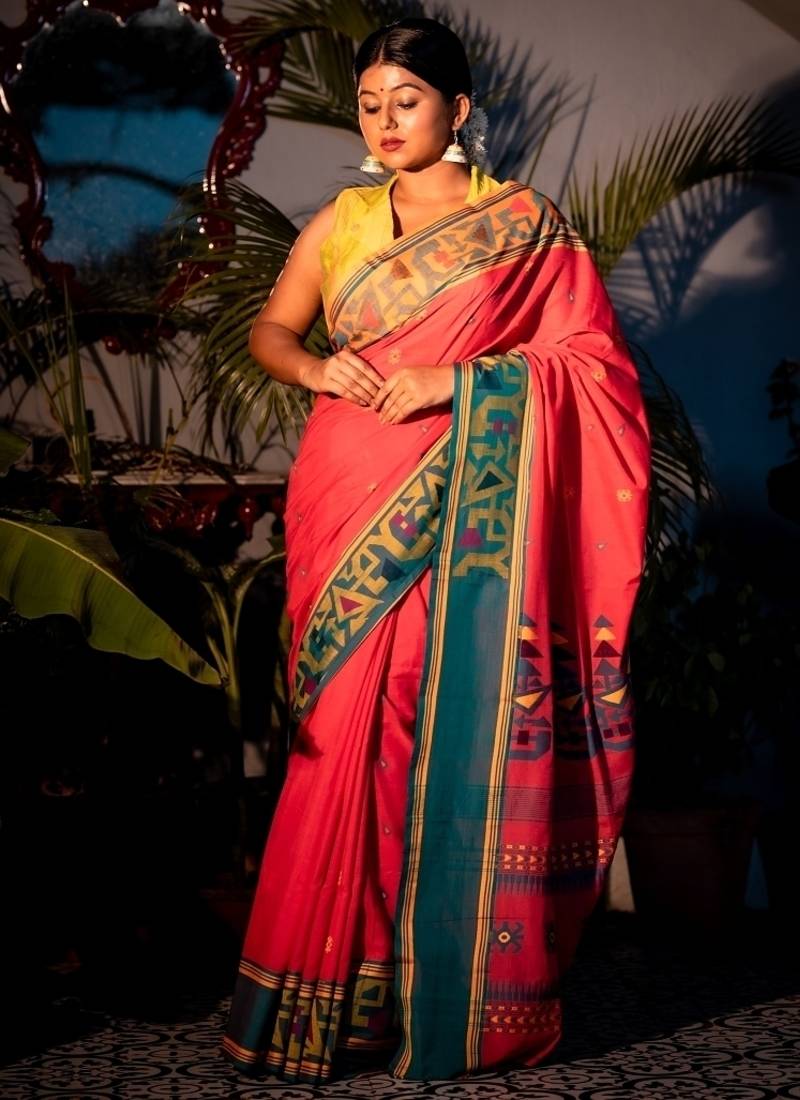 pink hand woven cotton bengal handloom all seasons sarees