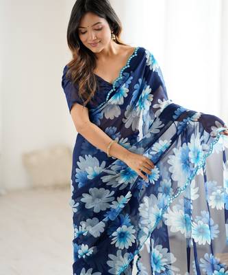 blue georgette printed style saree 4