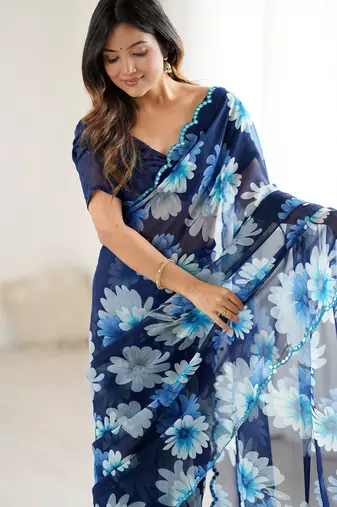 blue georgette printed style saree