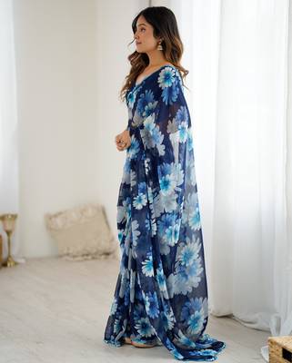 blue georgette printed style saree 5