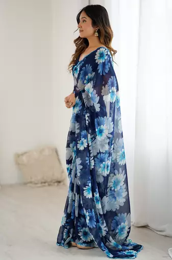 blue georgette printed style saree