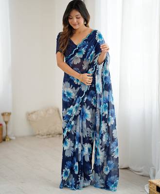 blue georgette printed style saree 6