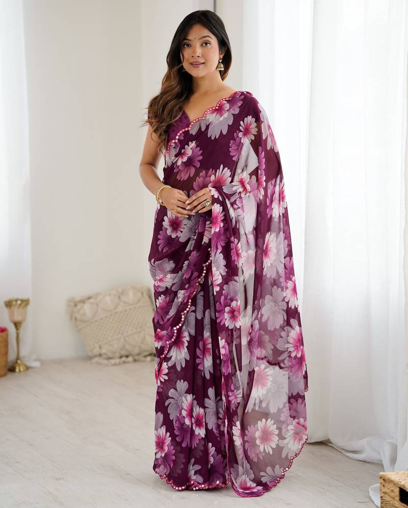 purple color georgette fabric designer printed bollywood style saree