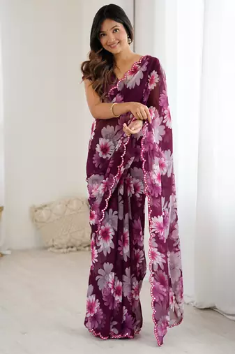 purple georgette printed style saree