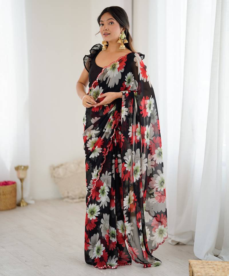 black color georgette fabric designer printed bollywood style saree