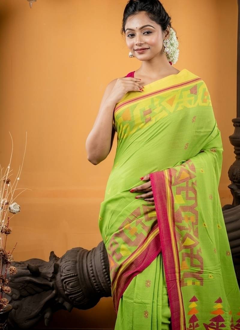 green hand woven cotton bengal handloom all seasons sarees