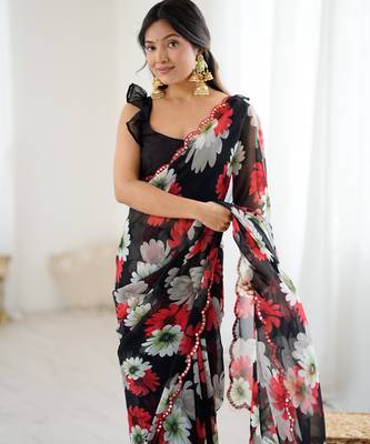 black georgette printed style saree 4