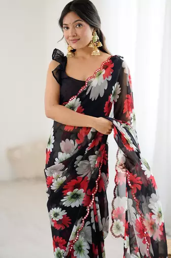 black georgette printed style saree