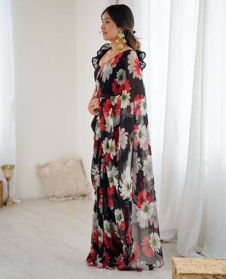 black georgette printed style saree 5
