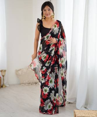 black georgette printed style saree 6