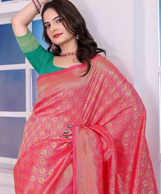 pink art silk blend woven traditional rich saree 3