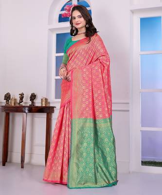 pink art silk blend woven traditional rich saree 4