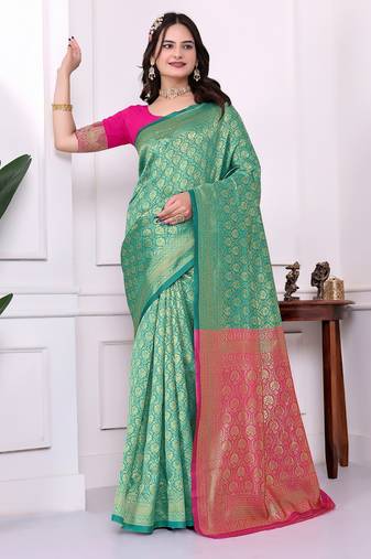 rama color art silk fabric woven designer traditional rich saree