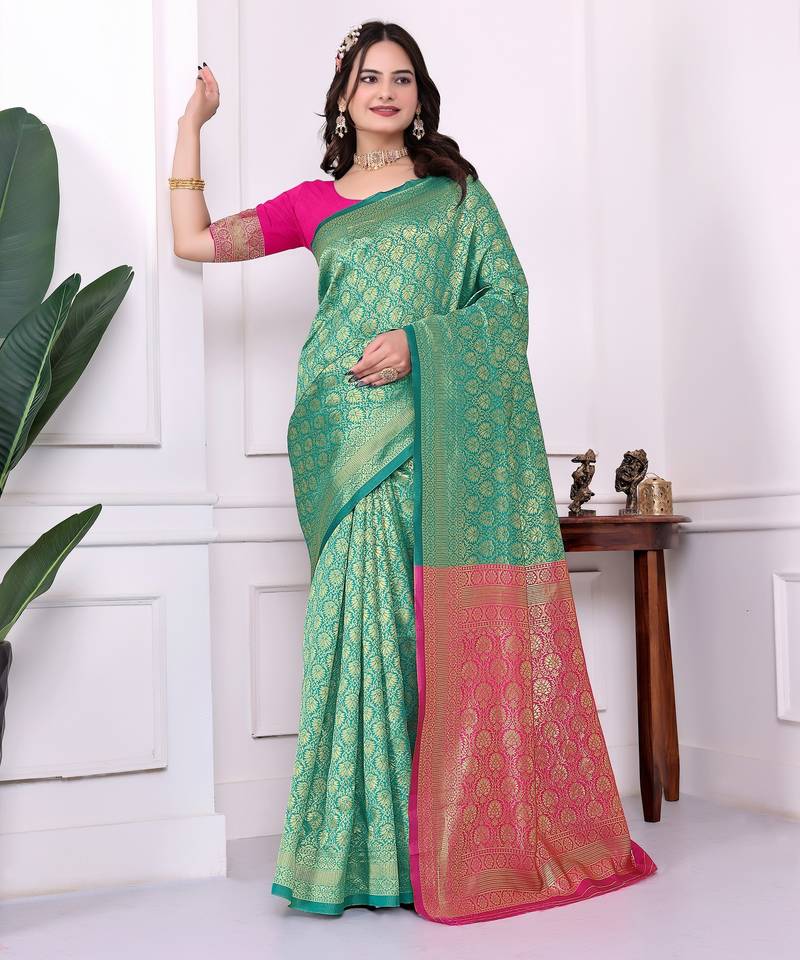 rama color art silk fabric woven designer traditional rich saree