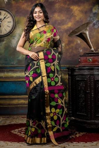 black hand woven silk blend cotton zari work all seasons sarees