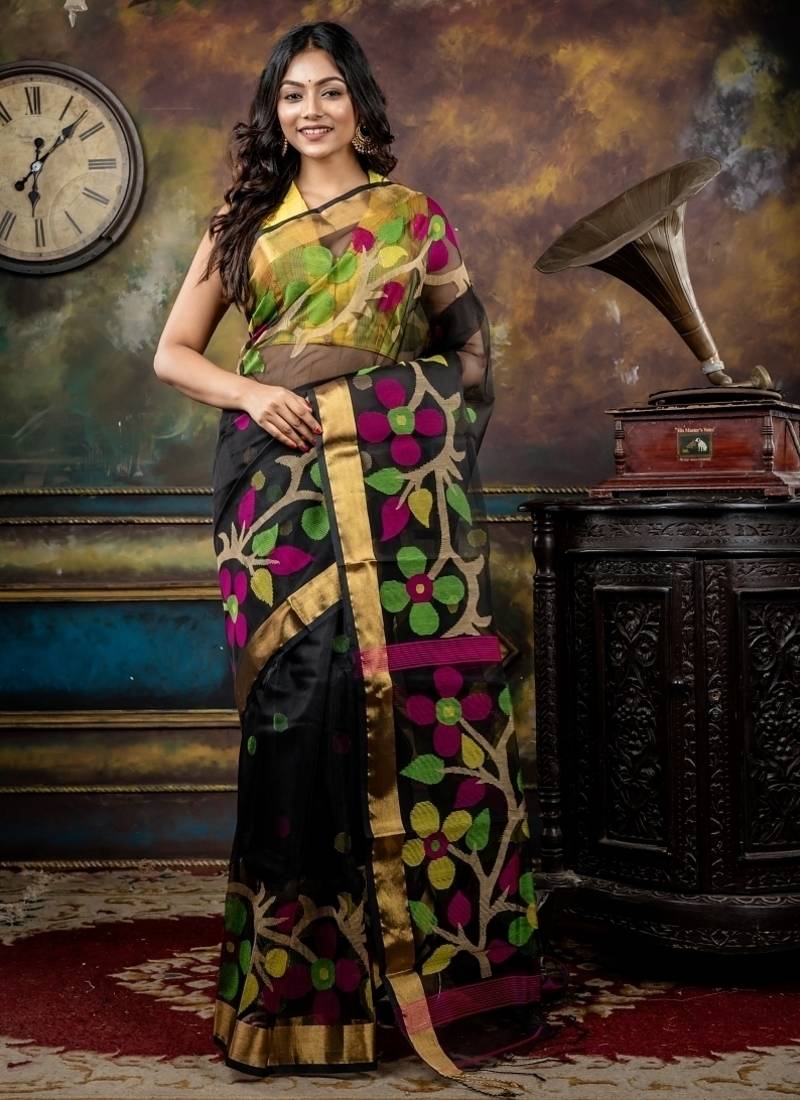 black hand woven silk blend cotton zari work all seasons sarees