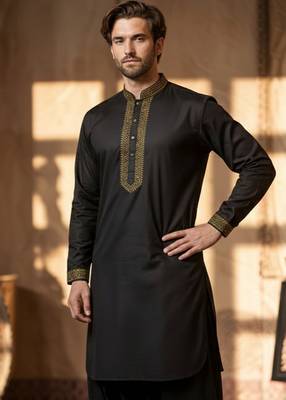 Black embroidered cotton kurta 1