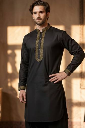 Black embroidered cotton kurta