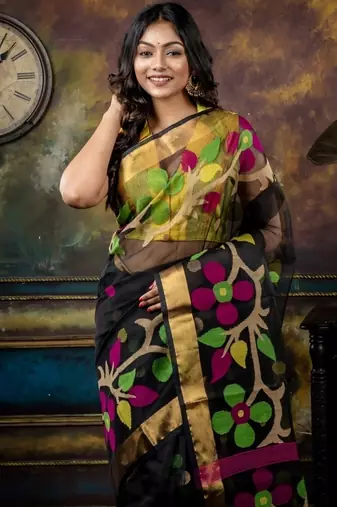 black hand woven silk blend cotton zari work all seasons sarees