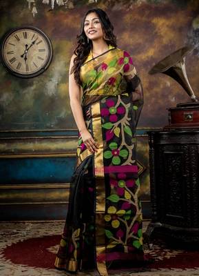 black hand woven silk blend cotton zari work all seasons sarees 3