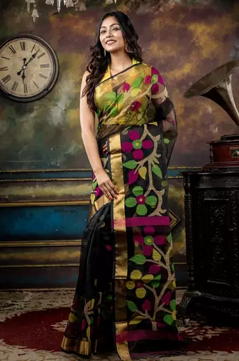 black hand woven silk blend cotton zari work all seasons sarees