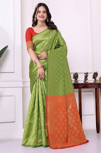 green color art silk fabric woven designer traditional rich saree