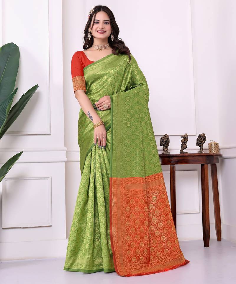 green color art silk fabric woven designer traditional rich saree