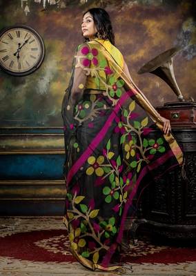 black hand woven silk blend cotton zari work all seasons sarees 4