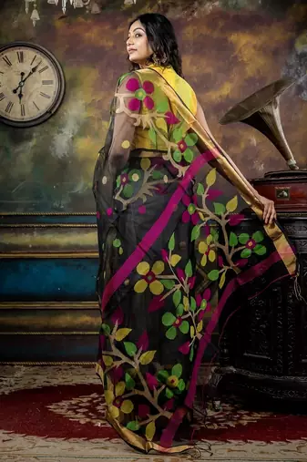 black hand woven silk blend cotton zari work all seasons sarees