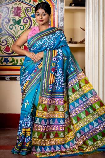 blue hand woven silk blend kantha work all seasons sarees