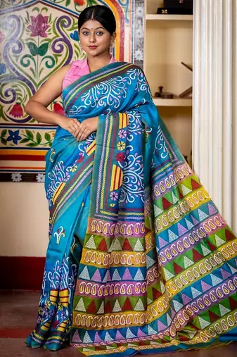 blue hand woven silk blend kantha work all seasons sarees