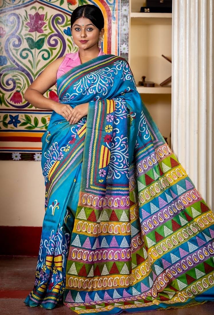 blue hand woven silk blend kantha work all seasons sarees