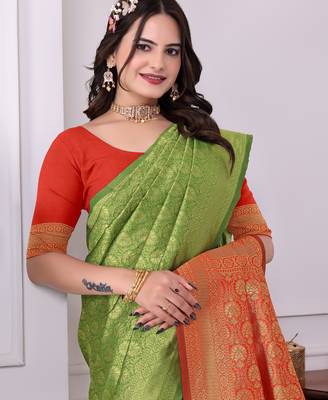 green art silk blend woven traditional rich saree 3