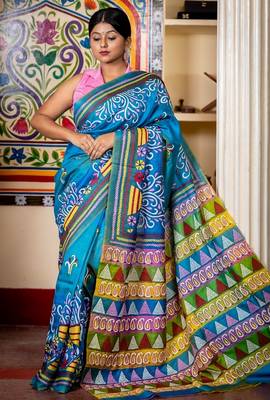 blue hand woven silk blend kantha work all seasons sarees 2