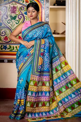 blue hand woven silk blend kantha work all seasons sarees