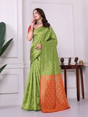 green art silk blend woven traditional rich saree 4