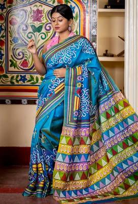 blue hand woven silk blend kantha work all seasons sarees 3