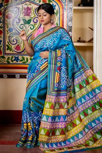 blue hand woven silk blend kantha work all seasons sarees