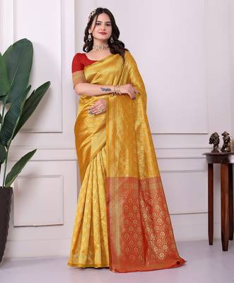 yellow art silk blend woven traditional rich saree 1